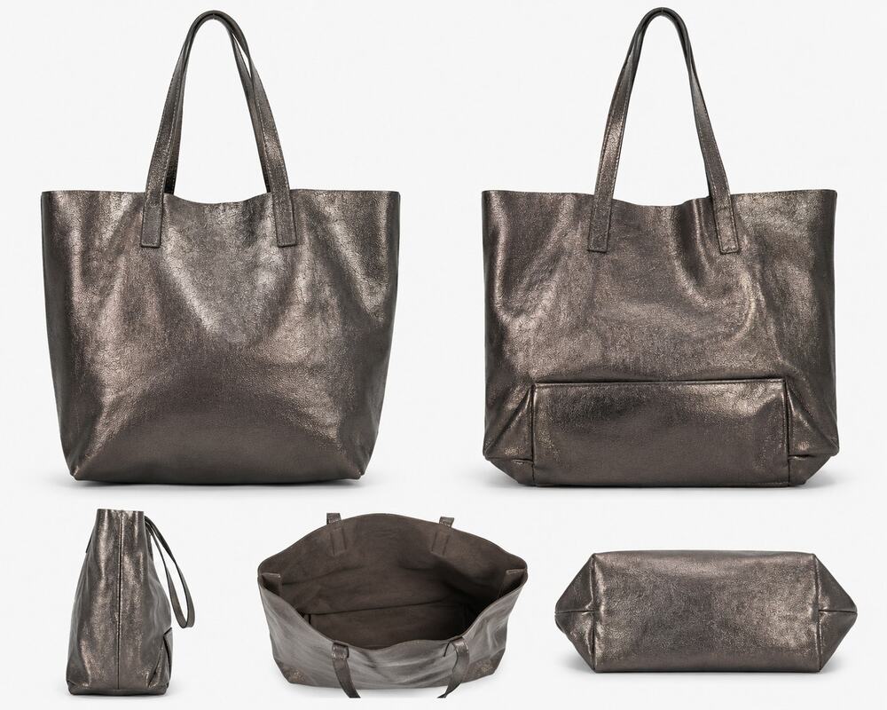 Metallic Pewter Leather Oversized Tote Bag Shoulder Shopper Carryall Large